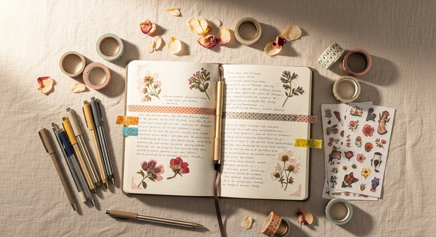 Оформленный личный дневник с washi tape и стикерами на льняной поверхности